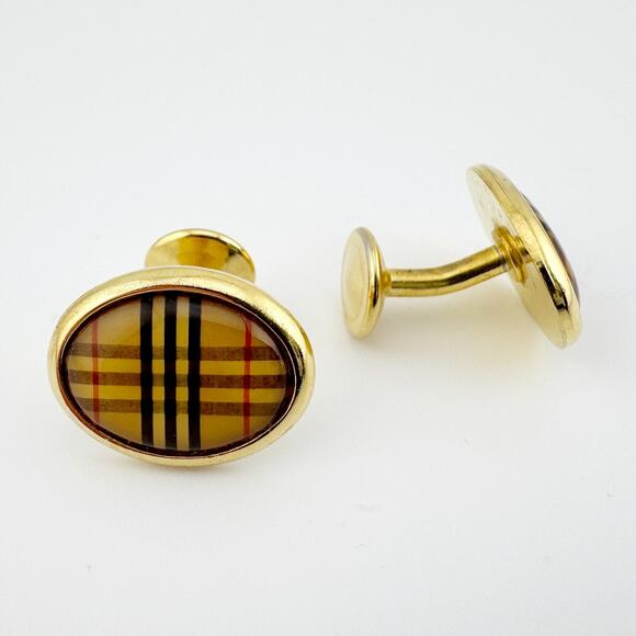Vintage Plaid Gold Tone Cufflinks Oval Button Style - Picture 6 of 10